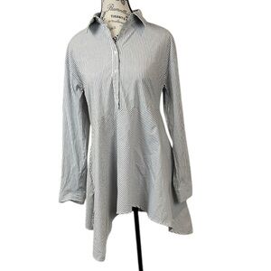 Cupio‎ Grey White Striped Long Sleeve Asymmetric Shirt S Flowy Top